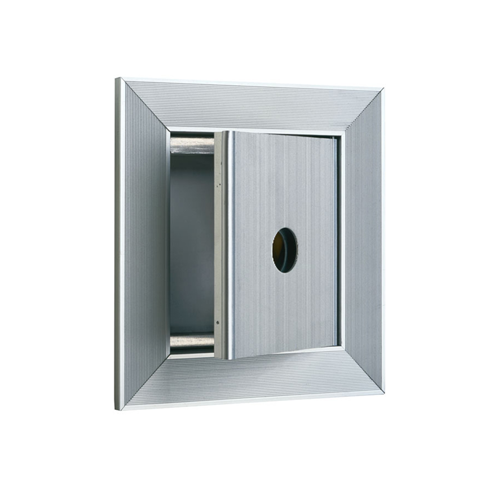 Silver metallic wall-mounted mailbox with a partially open door and circular handle.