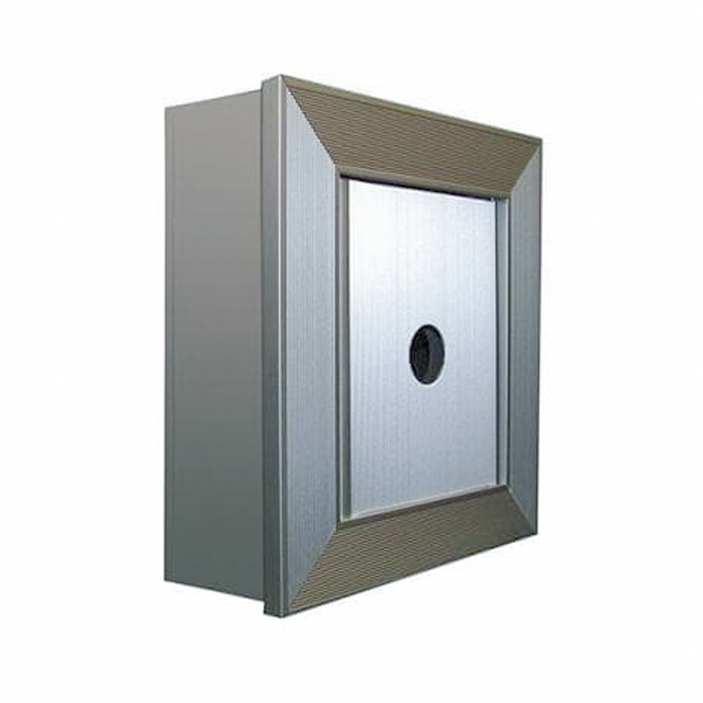 Metallic wall-mounted box with a central circular hole and textured frame.