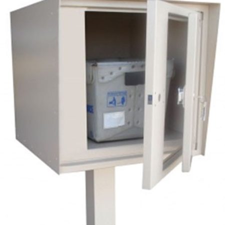 Beige metal cabinet on a stand with an open door revealing a gray insulated container inside.