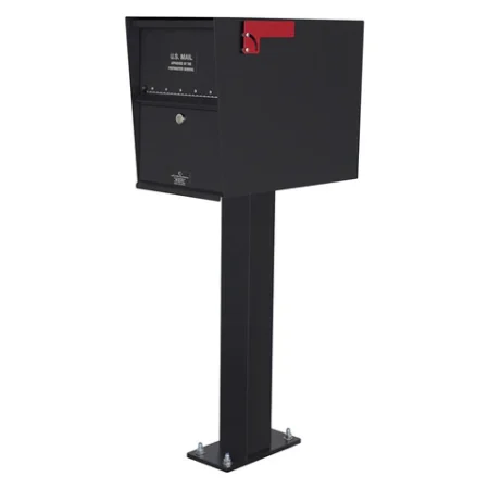 Black metal mailbox on a tall post with a red flag and lockable compartment.
