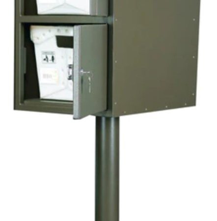 Metal security box on a pole with two open compartments showing interior instructions.