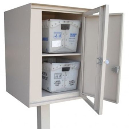 Metal mailbox with open door showing two postal bins inside.