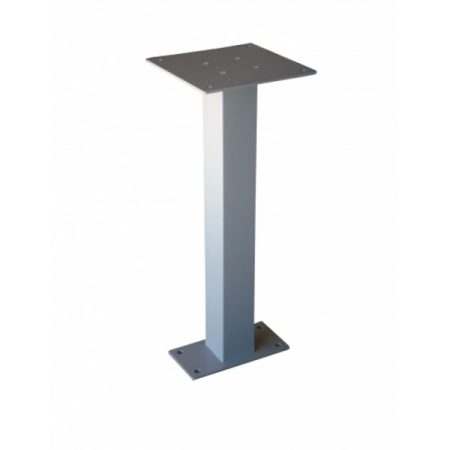Metal pedestal stand with square base and top plate, shown at an angle on a white background.