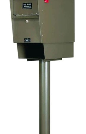 Tall, secure metal mailbox with red flag on a pedestal stand.