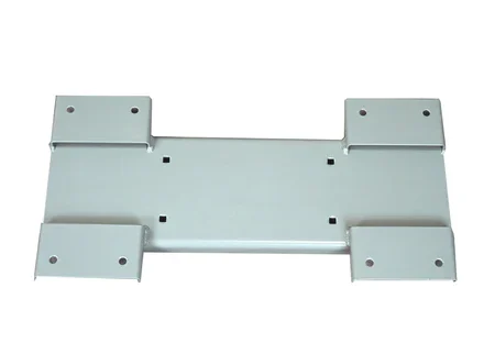 Metal mounting bracket with four corner holes on a white background.