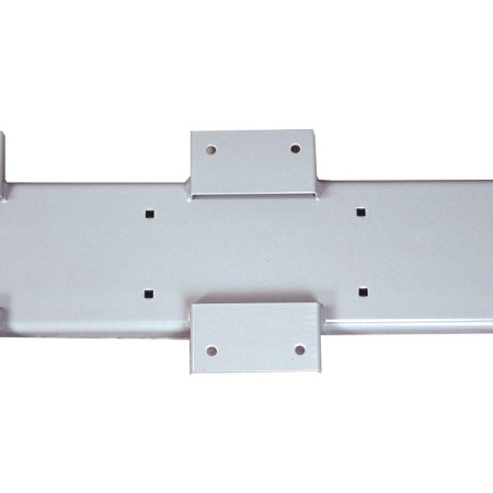 Silver metal mounting bracket with multiple holes and rectangular cutouts.
