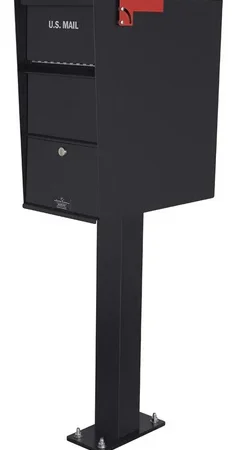 Black U.S. Mail mailbox on a tall post with a red flag and lockable compartments.