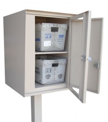 Beige metal mailbox with open door showing two postal bins inside.