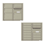Two beige wall-mounted mailbox units with multiple compartments and locks.