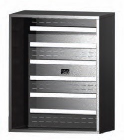 Black and silver metal wall-mounted electrical panel box with multiple slots.
