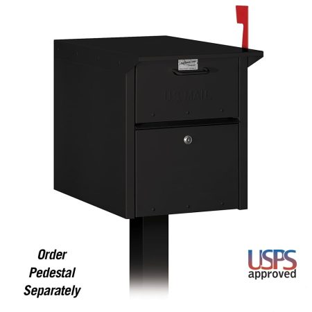 Black USPS-approved mailbox with red flag, lockable compartment, and pedestal sold separately.