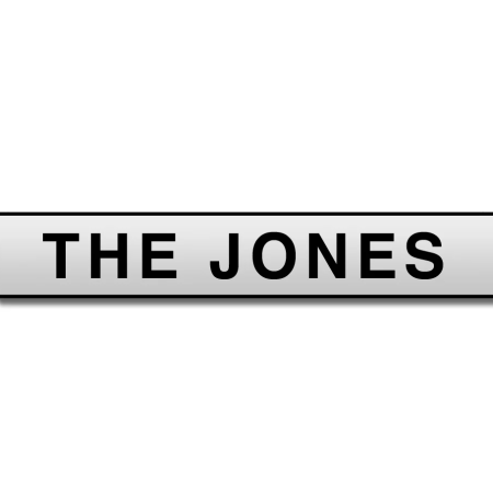 Rectangular silver nameplate with "THE JONES" in bold black letters.