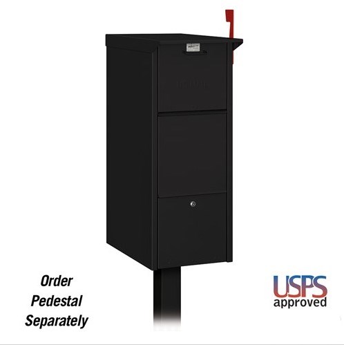 Black USPS-approved mailbox with red flag, pedestal sold separately.