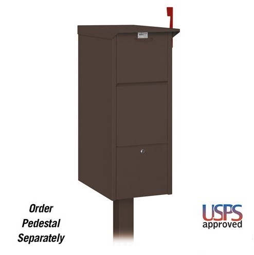 Brown USPS-approved mailbox with red flag, shown without pedestal.