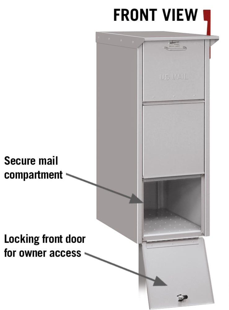 Tall silver mailbox with secure mail compartment and locking front door, front view.