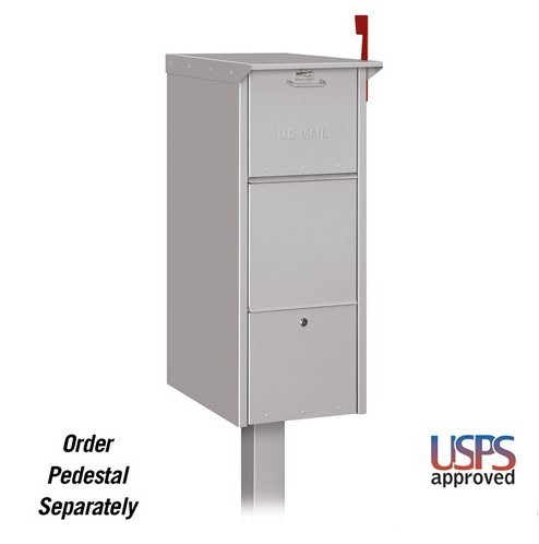 Gray USPS-approved mailbox with red flag, pedestal sold separately.