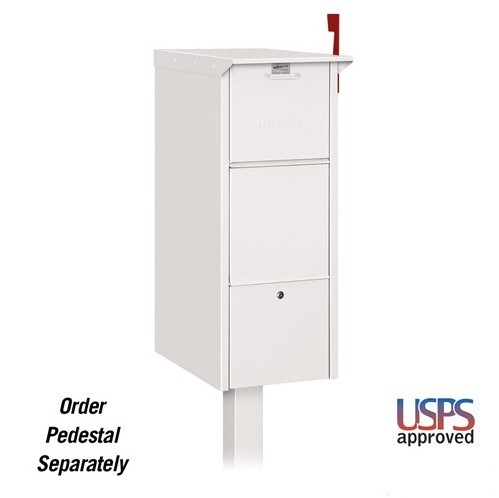 White USPS-approved mailbox with red flag, pedestal sold separately.