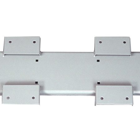 Silver metal mounting bracket with multiple holes and raised sections, viewed from above.