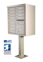 Outdoor USPS-approved cluster mailbox on a pedestal with multiple compartments.