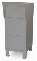 courier-drop-box Gray metal storage cabinet with two compartments and a slanted top, viewed from the front angle.