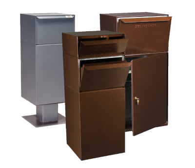 parcelDeliveryBoxes Three metal parcel drop boxes in silver and brown finishes.