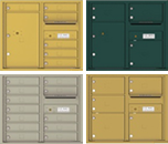Four different colored cluster mailbox units with multiple compartments.