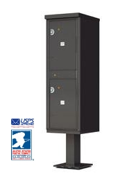 Black USPS-approved parcel locker with two compartments on a pedestal.
