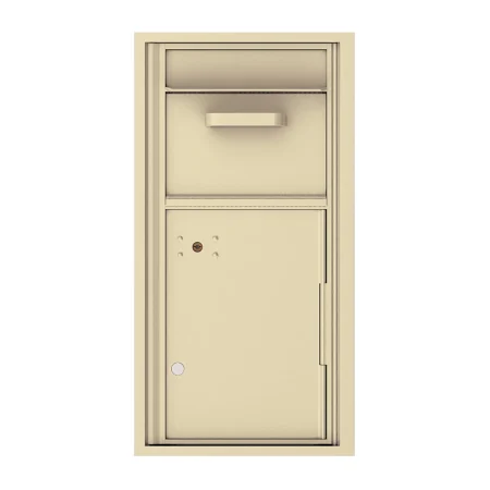 Beige wall-mounted mailbox with lockable compartment and mail slot.