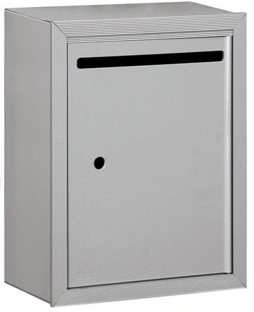 Silver wall-mounted mailbox with mail slot and keyhole.