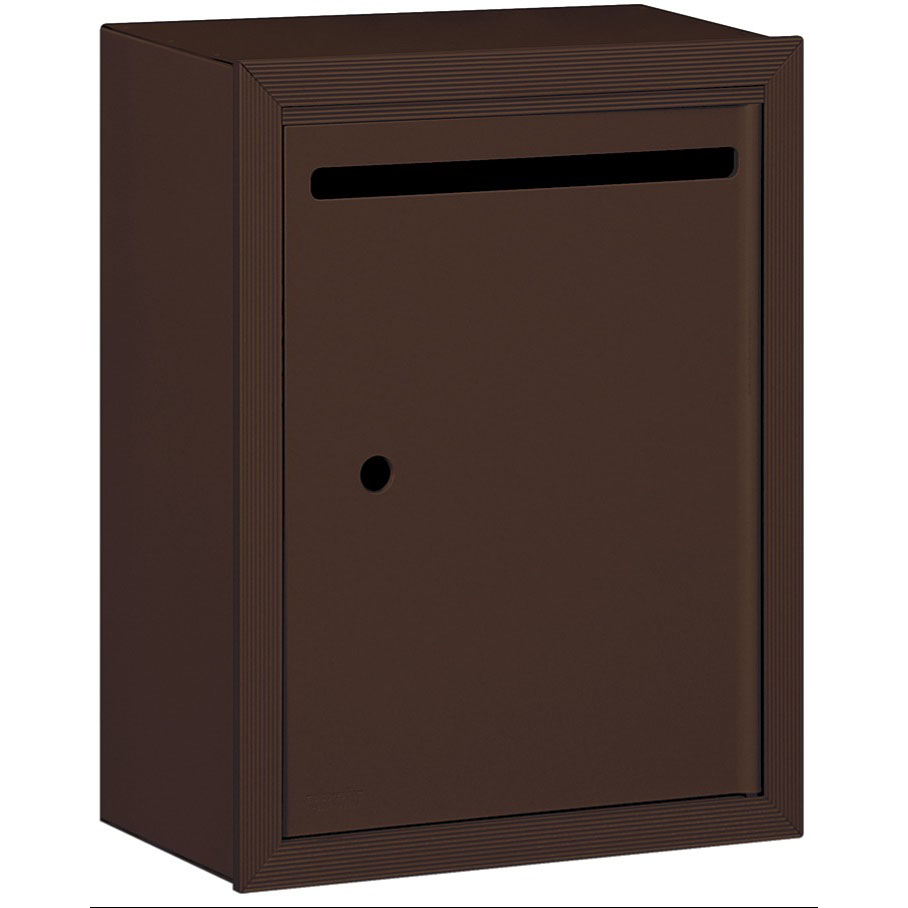 Brown wall-mounted mailbox with a mail slot and keyhole.