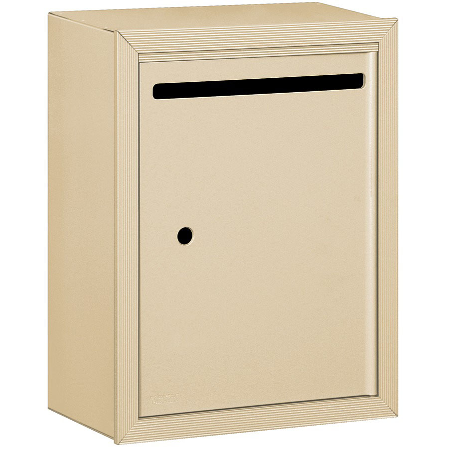 Beige wall-mounted mailbox with a mail slot and keyhole.
